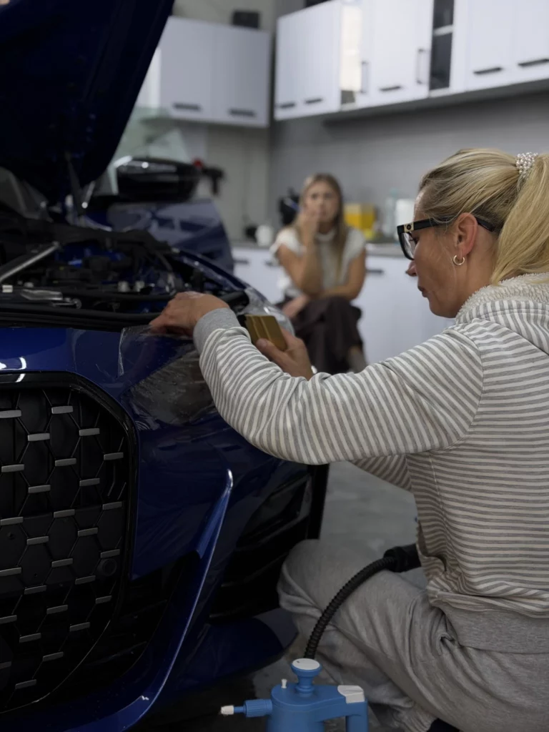 Instalatorka pracuje nad folią ochronną przy reflektorze BMW serii 4