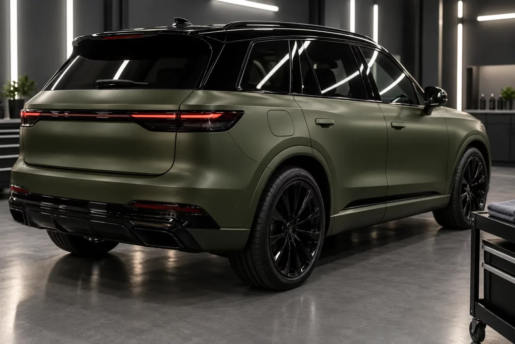 SUV w oliwkowym satynowym wykończeniu z czarnym dachem w studiu detailingowym